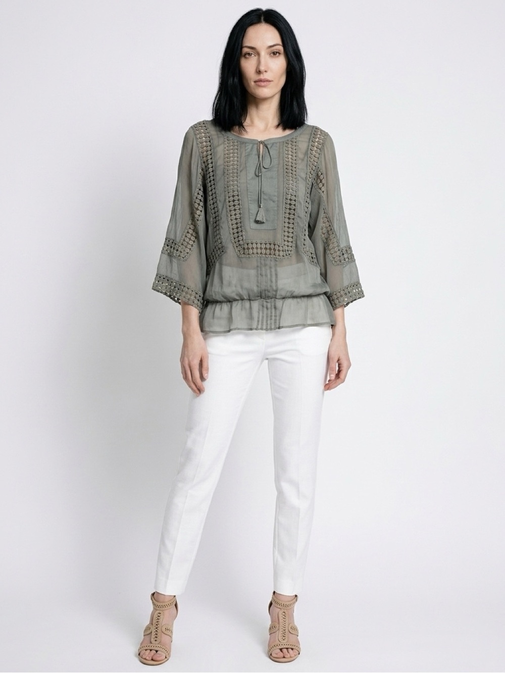 Daniel Rainn Olive Crochet-Trim Peasant Blouse